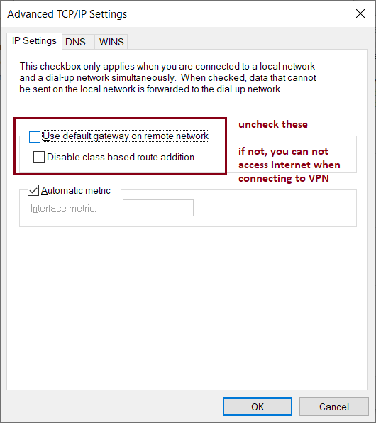Bỏ check default gateway
