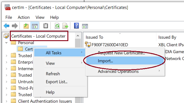 Import chứng chỉ số kèm khoá